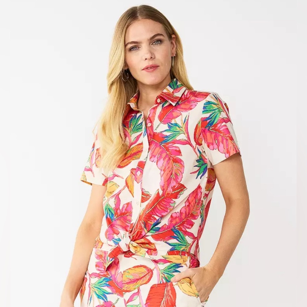 NINE WEST  Farm Rio vibes Tropical Tie-Front Button Down Shirt Resort wear